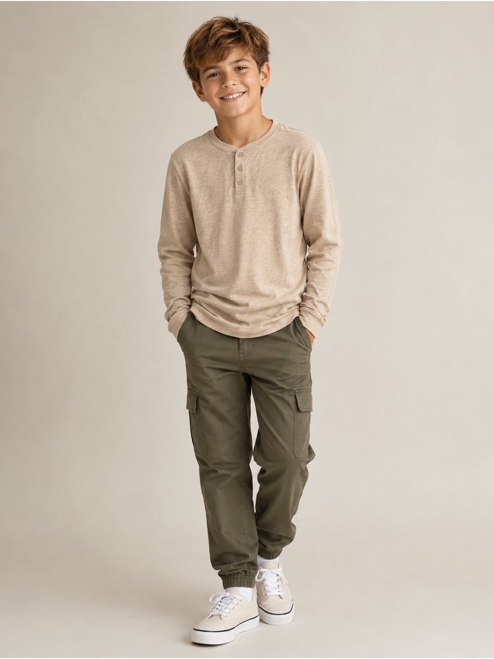 Wonder Nation Beige Long Sleeve Henley Tee
